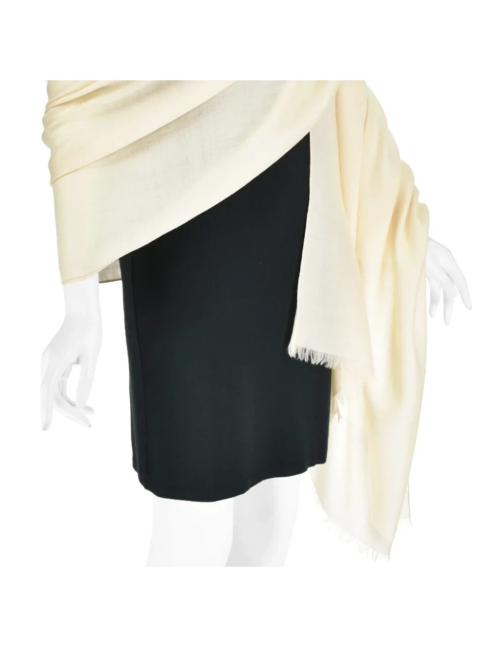 LORO PIANA Lightweight Ivory Cashmere Twill Shawl with Delicate Fringe, 32x82in
